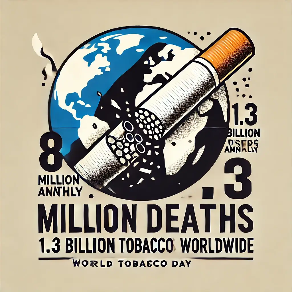 Illustration of a broken cigarette with a globe in the background, highlighting tobacco use statistics: '8 Million Deaths Annually' and '1.3 Billion Tobacco Users Worldwide.