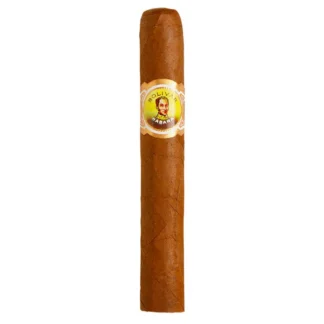 A Bolivar Petit Corona Cuban cigar displayed on a polished wooden surface, showcasing its rich brown wrapper and iconic band with intricate detailing. The cigar exudes a sense of luxury and tradition, representing bold flavors and premium craftsmanship.