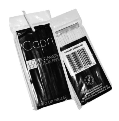 Cleaning a pipe with a Brigham Capri pipe cleaners front of package and back.
