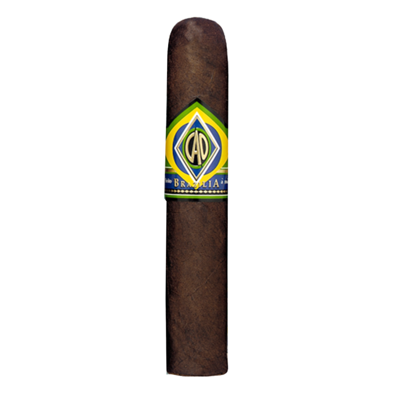 Close-up of CAO Brazilia Gol Robusto cigar with Brazilian wrapper