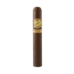Close-up of Brick House Maduro Robusto cigar with dark, oily wrapper.
