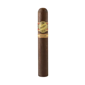 Close-up of Brick House Maduro Robusto cigar with dark, oily wrapper.