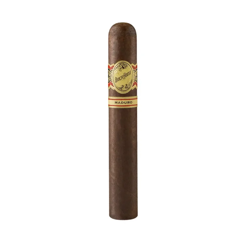Close-up of Brick House Maduro Robusto cigar with dark, oily wrapper.
