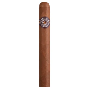 A close-up of the Montecristo No. 4 Cuban cigar, showcasing its smooth, medium-brown wrapper and iconic gold and brown band with the Montecristo logo. The cigar is elegantly placed on a wooden surface, highlighting its premium craftsmanship and classic design.