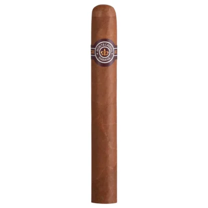 A close-up of the Montecristo No. 4 Cuban cigar, showcasing its smooth, medium-brown wrapper and iconic gold and brown band with the Montecristo logo. The cigar is elegantly placed on a wooden surface, highlighting its premium craftsmanship and classic design.