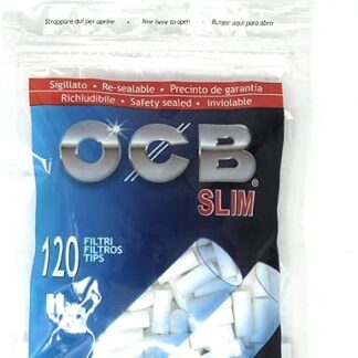 Close-up of OCB Slim Premium Filter Tips in eco-friendly packaging.
