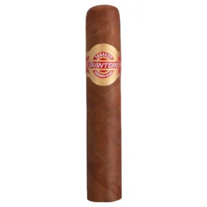 A close-up of a Quintero Favoritos Cuban cigar, showcasing its medium-brown wrapper and golden band, placed on a wooden surface. The cigar's rich texture and expert craftsmanship reflect its Cuban heritage, promising a flavorful, medium-bodied smoking experience.
