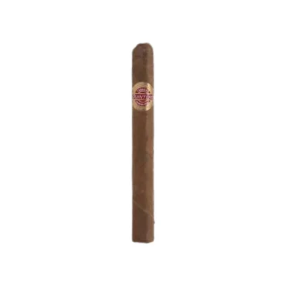 A close-up of a Quintero Panetelas cigar, showcasing its smooth, medium-brown wrapper and iconic band. The cigar rests elegantly on a wooden surface, emphasizing its hand-rolled craftsmanship and reputation as an approachable Cuban cigar with rich earthy and nutty flavor notes.