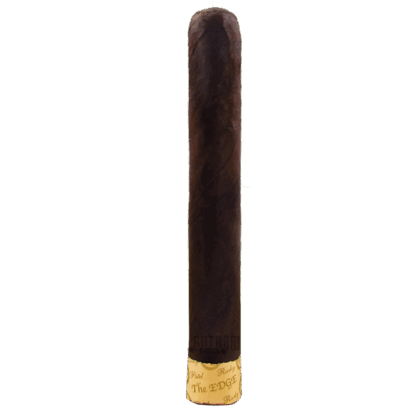 A luxurious Rocky Patel Edge Maduro Robusto cigar with a dark, oily wrapper showcased on a rustic wooden surface.