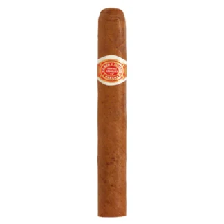Close-up of a Romeo y Julieta Regalias de Londres Cuban cigar, showcasing its elegant band and smooth, light-brown wrapper, placed on a rustic wooden surface. The cigar exudes craftsmanship and luxury, symbolizing its rich Cuban heritage and refined smoking experience.