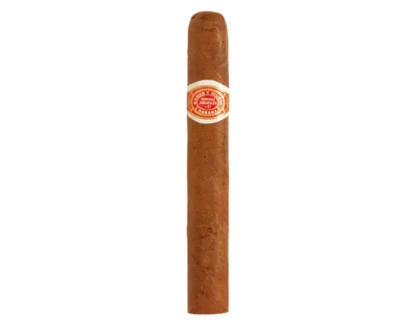 Close-up of a Romeo y Julieta Regalias de Londres Cuban cigar, showcasing its elegant band and smooth, light-brown wrapper, placed on a rustic wooden surface. The cigar exudes craftsmanship and luxury, symbolizing its rich Cuban heritage and refined smoking experience.