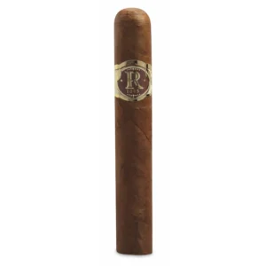 A close-up of a Vegas Robaina Famosos Cuban cigar, featuring its elegant golden band with intricate designs, placed on a rustic wooden surface. The cigar's smooth, medium-brown wrapper highlights its premium craftsmanship, symbolizing luxury and authentic Cuban heritage.