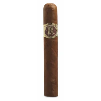 A close-up of a Vegas Robaina Famosos Cuban cigar, featuring its elegant golden band with intricate designs, placed on a rustic wooden surface. The cigar's smooth, medium-brown wrapper highlights its premium craftsmanship, symbolizing luxury and authentic Cuban heritage.