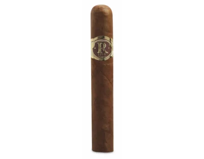 A close-up of a Vegas Robaina Famosos Cuban cigar, featuring its elegant golden band with intricate designs, placed on a rustic wooden surface. The cigar's smooth, medium-brown wrapper highlights its premium craftsmanship, symbolizing luxury and authentic Cuban heritage.