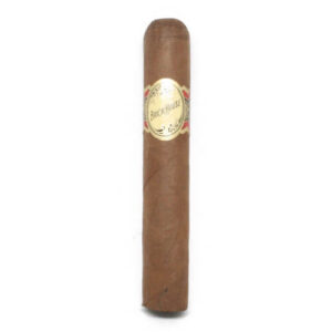 Close-up view of the Brick House Double Connecticut Robusto cigar, highlighting its golden wrapper and band.