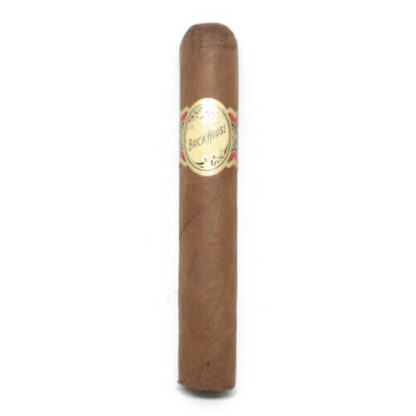 Close-up view of the Brick House Double Connecticut Robusto cigar, highlighting its golden wrapper and band.