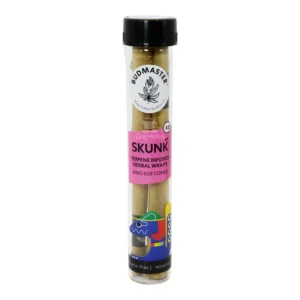 A close-up of Budmaster Terpene Infused Herbal Cones in Skunk flavor, packaged in a sleek glass tube with vibrant branding.