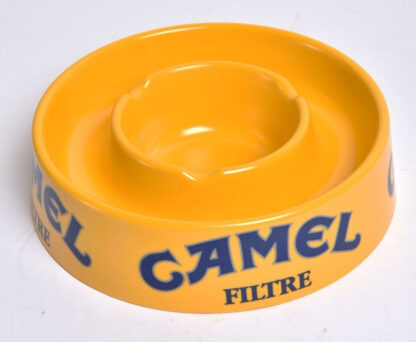 Camel Ashtray in vibrant yellow with iconic branding.