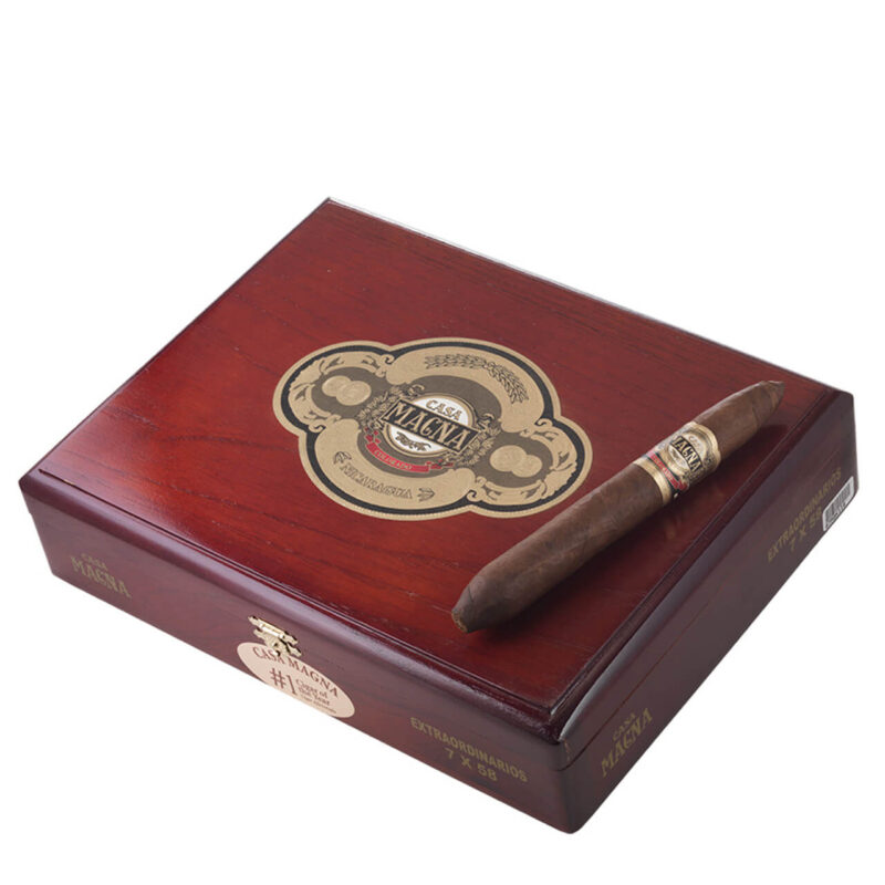 Close-up of Casa Magna Extraordinarios Figurado showcasing a case of 22 cigars.