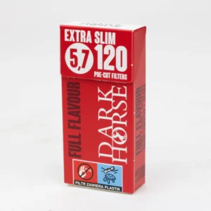 A close-up of a packet of Dark Horse Slim Filters, showcasing the 5.7mm diameter.