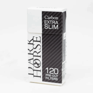 Close-up showing the compact, white Dark Horse Extra Slim Carbon Filter designed for smoother smoking.