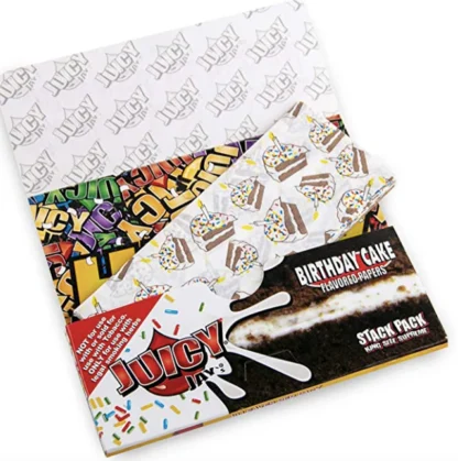 Close-up of Juicy Jay’s flavored rolling paper with birthday cake design.