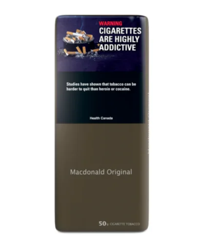 A 50-gram pouch of Macdonald Original tobacco. The packaging features a classic design with a beige and red color scheme and the Macdonald logo prominently displayed.
