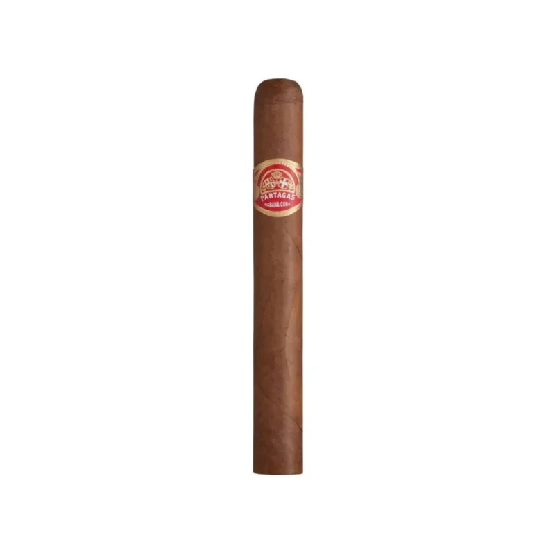 A close-up of the Partagás Mille Fleurs Cuban cigar, featuring its signature red and gold band with intricate detailing. The medium-brown wrapper has a smooth texture, showcasing the premium craftsmanship of this classic cigar. The cigar is elegantly placed on a wooden surface, emphasizing its rich heritage and refined design.
