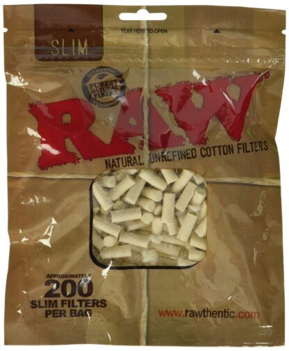 Close-up of Raw Slim Natural Unrefined Cotton Filters in packaging.