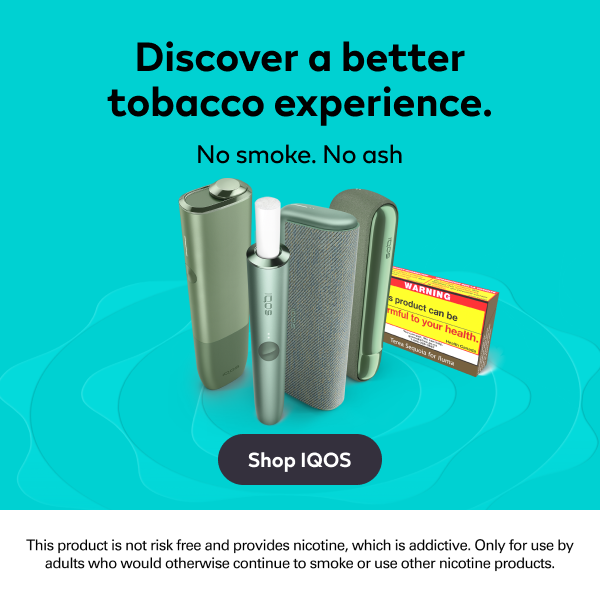 Iqos Iluma image of units and heatsticks, no smke, no ash.