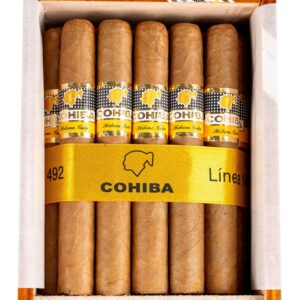 Close-up of a Cohiba Siglo II cigar with a golden band on a wooden box.