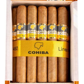 Close-up of a Cohiba Siglo II cigar with a golden band on a wooden box.