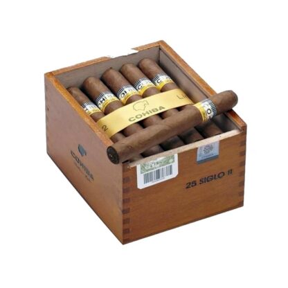 Close-up of a box of Cohiba Siglo II cigar with a golden band on a wooden humidor.