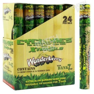 Box of Cyclones Hemp XtraSlo Wonderberry pre-rolled cones, featuring bold green and purple branding on blue packaging with 24 cones inside.