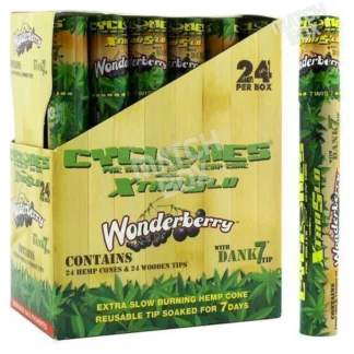 Box of Cyclones Hemp XtraSlo Wonderberry pre-rolled cones, featuring bold green and purple branding on blue packaging with 24 cones inside.