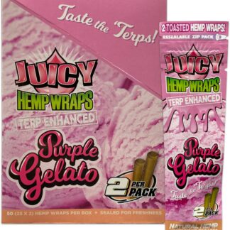 lose-up of Juicy Jay’s hemp wraps with Purple Gelato flavor.