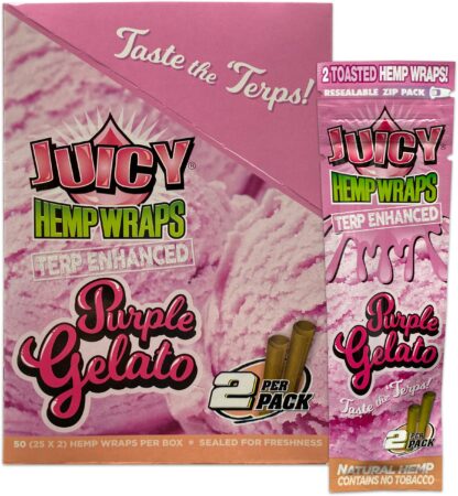 lose-up of Juicy Jay’s hemp wraps with Purple Gelato flavor.