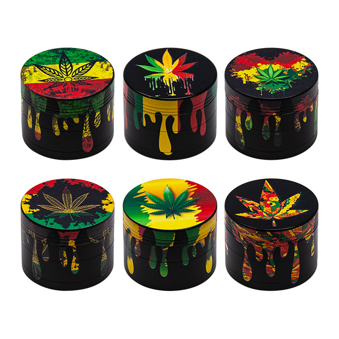 Rasta Leaf 4 Stage Grinder in assorted colors.