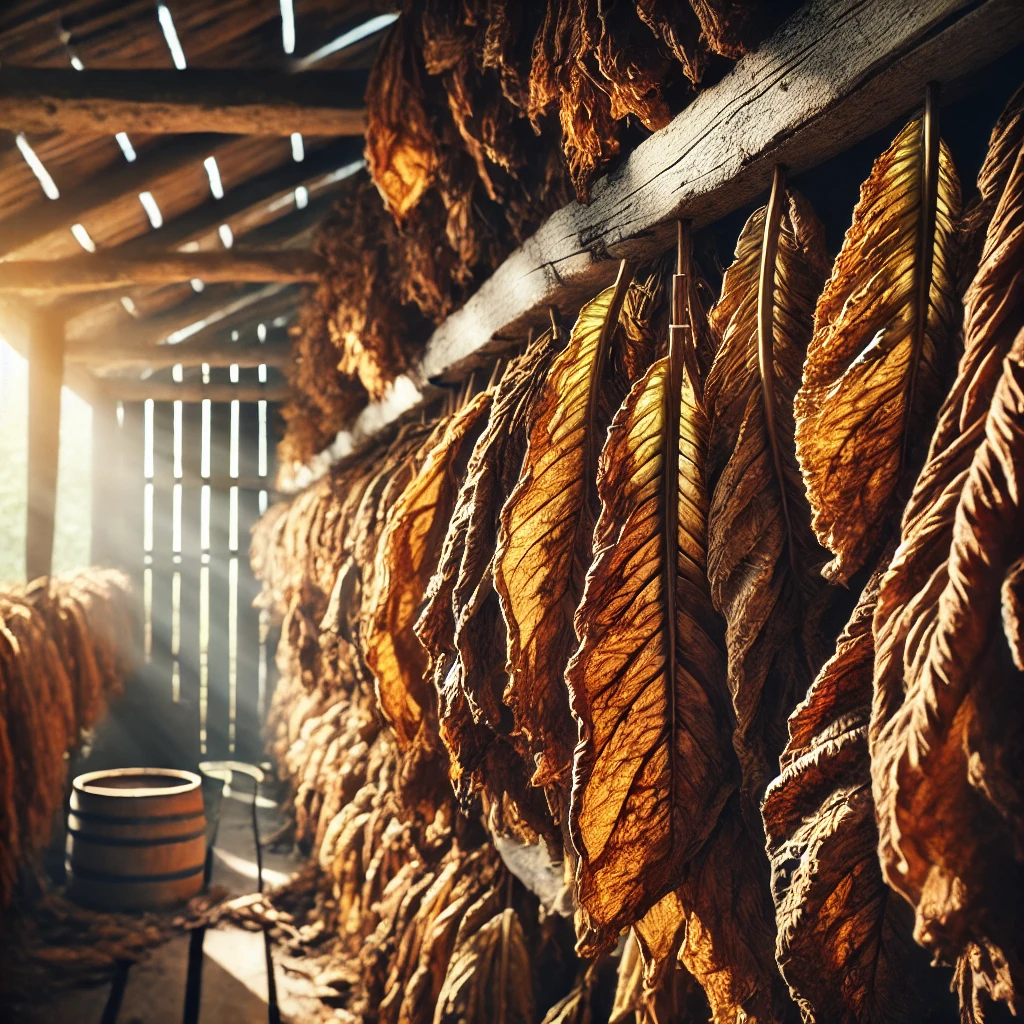 Illustrated tobacco plant showing labeled layers: Volado, Seco, Ligero, with earthy tones and rustic background.