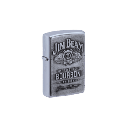 Zippo Jim Beam Lighter with brushed chrome finish – windproof, refillable, and stylish.