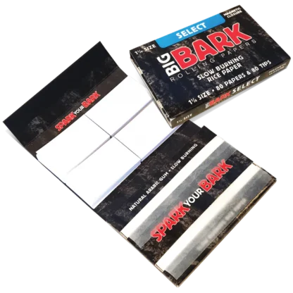 Open display pack of Big Bark Select Rice Rolling Paper.