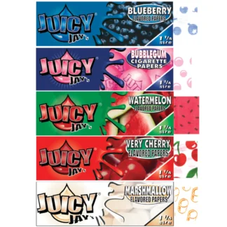 Juicy Jay array of flavored rolling paper in 1 1/4 size.