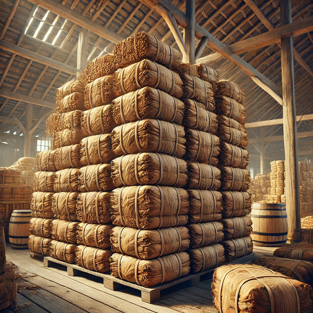 Realistic illustration of bales of cured tobacco leaves stacked in a traditional cigar factory, ready for rolling cigars.