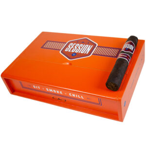 A box of CAO Session Garage Robusto cigars neatly arranged, displaying their rich, dark brown wrappers.