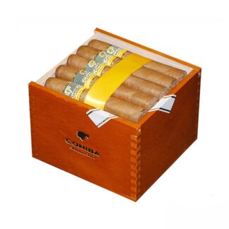 Cohiba Robusto cigars with a golden band resting in a wooden box.