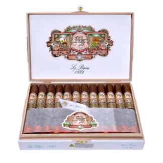 Close-up of a box of 10, My Father Le Bijou 1922 Grand Robusto cigar with dark, oily wrapper