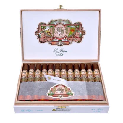 Close-up of a box of 10, My Father Le Bijou 1922 Grand Robusto cigar with dark, oily wrapper