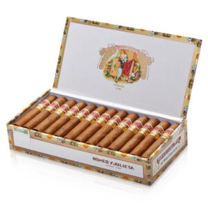 Close-up of Romeo Y Julieta Wide Churchills box of 25 Cuban Cigars showing rich texture.
