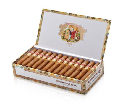 Close-up of Romeo Y Julieta Wide Churchills box of 25 Cuban Cigars showing rich texture.
