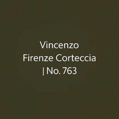 Digital product label with the text “Vincenzo Firenze Corteccia | No. 763” centered on a dark olive background.